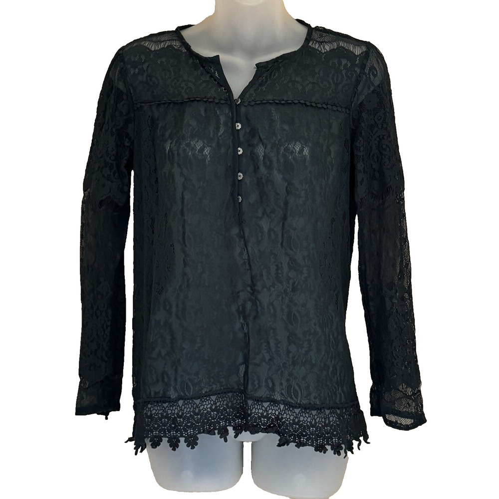 KNOX ROSE Top Women's SMALL Green Sheer Lacey Button Long Sleeve Retro Breadable